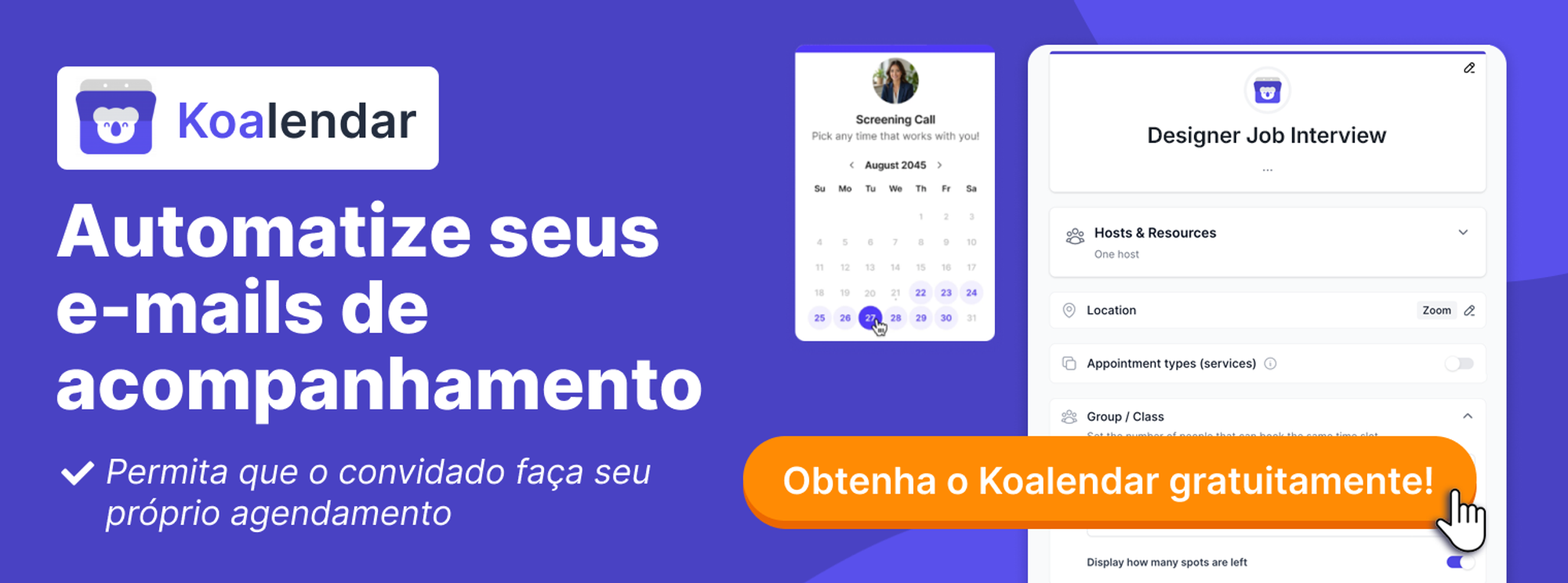 como enviar um convite de calendário do Zoom e acompanhamentos usando uma ferramenta de agendamento como o Koalendar